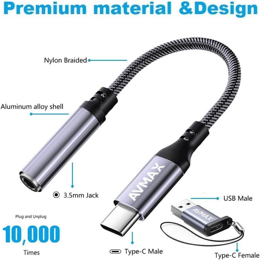 AVMAX USB C to 3.5mm Audio Headphone Adapter HiFi 2 Pack,Type c to Aux Female Cable for 16 15 Plus, S24 S23 S22 S21 S20 and More Type c Devices - style: Classic Gray2