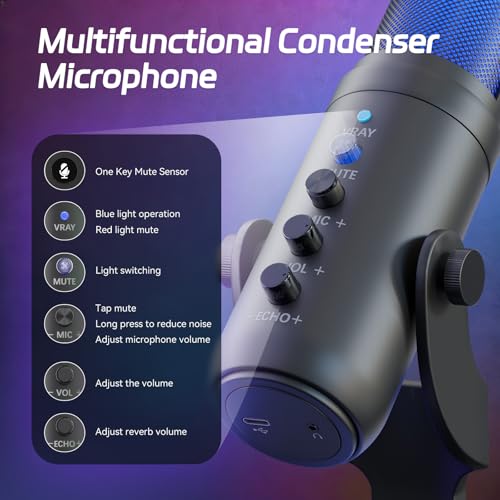 USB Streaming Microphone for PC Laptop | Noise Cancelling, Volume Ctrl, Plug & Play, RGB Light, Monitor Jack, Compatible with PS4 PS5 Mac for Gaming Podcast Creator