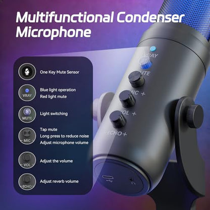 USB Streaming Microphone for PC Laptop | Noise Cancelling, Volume Ctrl, Plug & Play, RGB Light, Monitor Jack, Compatible with PS4 PS5 Mac for Gaming Podcast Creator
