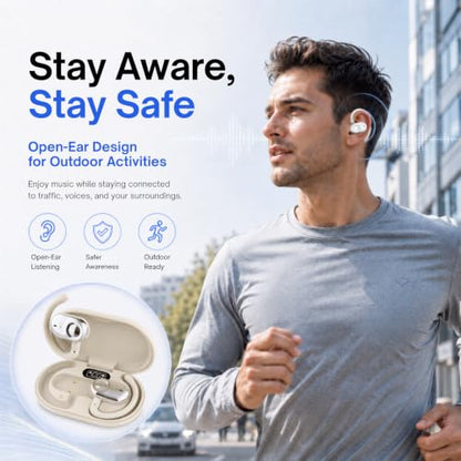 Open Ear Earbuds Bi-Axial Custom Fit Immersive Sound Wireless Headphones | Over The Ear Bluetooth Ear Buds Waterproof Long Battery for Running Outdoor Sports Travel Conference - OpenBass Fit White - color: Cream White