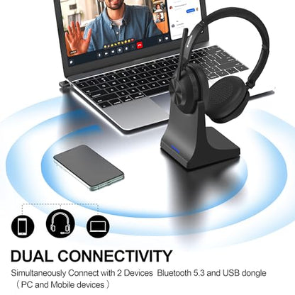 Wireless Headset with Mic for Work,Bluetooth Headset with USB Dongle | Noise Cancelling Mic,Charging base,50H Battery & Mute Button for PC,Laptop,Home Office,Zoom Teams,Remote Work,Call Center