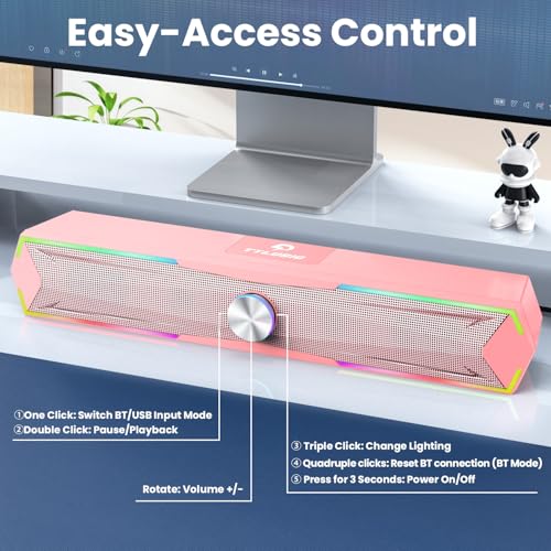 Tylubio Computer Speakers for Pc Desktop with Clear Sound, Flowing LED PC Speaker for Computer Desktop Laptop Monitor, Bluetooth & USB Input - Pink