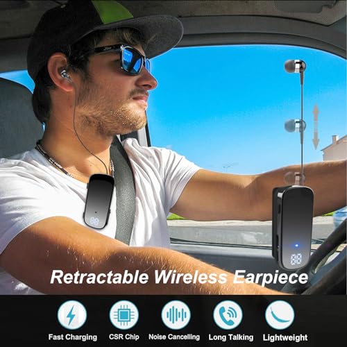 Retractable Wireless Headset Headphone Stereo Earphone V5.0 Noise Cancelling Mic Clip on Earpiece Comfortable HandsFree Headset 20Hrs Talking Time Sports Business Trucker Driver Earbud - color: Black