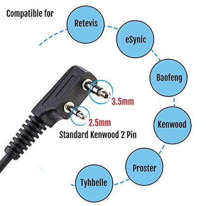Retevis RT22 Walkie Talkie Earpiece, for RT68/RT21/H777/RT27/RT68H | 2 Pin, Compatible with Pxton, Baofeng BF-888S/BF-T26, Kenwood Two Way Radio, Walkie Talkie Earpiece with Mic(6 Pack)
