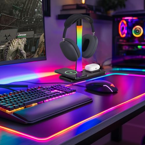 Headphone Stand with Wireless Charger,Gaming Headset stand with RGB Light Mode,For Airpod Max Stand Compatible with Airpod Pro/3/2,For iPhone 17/16/15/14/13/12/11,Gifts for Gamers & Music Lover(Black) - color: Black