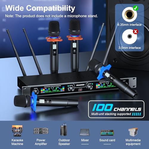 Wireless Microphones System, 4 Channel UHF Wireless Mics,with 4 Handheld Dynamic Microphones,Metal Receiver for Karaoke,Singing,Wedding,Party,Speech - color: Brown