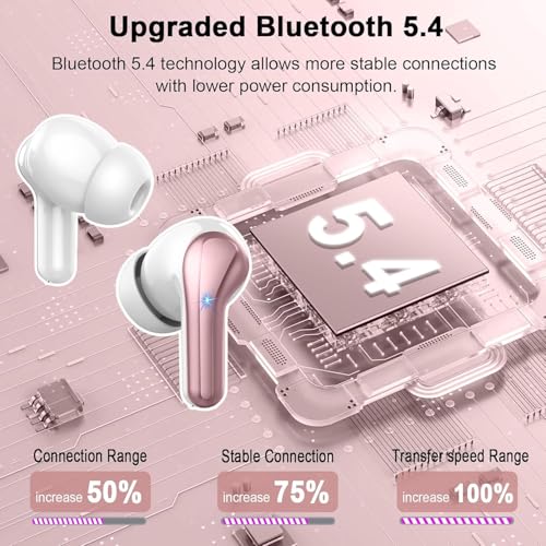 Wireless Earbuds, Bluetooth 5.4 Headphones, in-Ear Earphones with 4 ENC Mics Deep Bass Stereo, 40H Playtime LED Display Mini Charging Case Ear Buds, IP7 Waterproof Wireless Headphones for Android iOS - color: Pink Gold