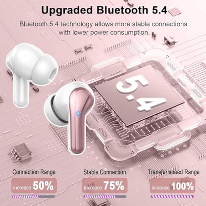 Wireless Earbuds, Bluetooth 5.4 Headphones, in-Ear Earphones with 4 ENC Mics Deep Bass Stereo, 40H Playtime LED Display Mini Charging Case Ear Buds, IP7 Waterproof Wireless Headphones for Android iOS - color: Pink Gold