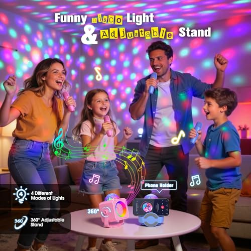 Mini Karaoke Microphone with Disco Light: Gifts for 3 4 5 6 7 8 9 10 11 12 Year Old Kids Girls Karaoke Machine 2 Microphones Toys for 3-15 Year Old Girl Birthday Gift Karaoke Machine for Family Party - color: Pink