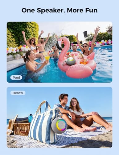 Bluetooth Shower Speaker IPX7 Waterproof: Removable Suction Cup, Grey | 360° Surround Sound, Vacuum-Lock, RGB Light, Portable Wireless Speaker for Beach, Pool, Kayak, Gifts for Adults Teens