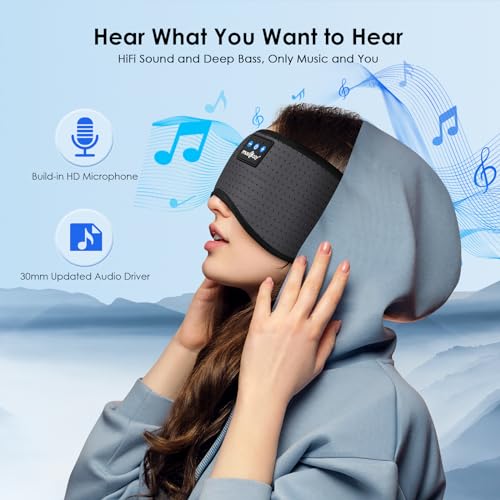 MUSICOZY Sleep Headphones Bluetooth 5.4 Sleep Mask with HD Sound | Breathable Flat Design with Cooling Lining, Washable Headband, 14 Hours Playtime for Travel Meditation Relaxation Gifts - color: Gray