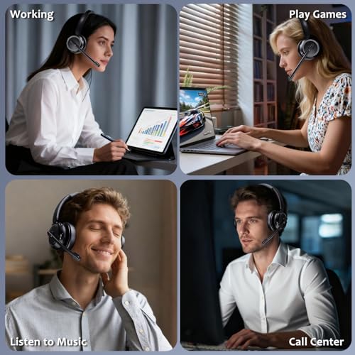 Wireless Headset with Mic for Work, Bluetooth Headphones with Microphone (Noise Cancelling & Mute Button), Wireless Headset with mic for Work/Computer/PC/Laptop/Cell Phones/Call Center/Teams/Zoom/Home