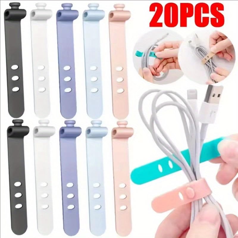 20pcs Reusable Silicone Cable Organizer Ties - High Elasticity Cord Management Straps for Earphones, USB Chargers & Electronics