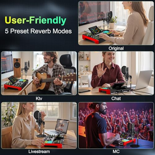 Podcast Equipment Bundle with Live Sound Card Audio Mixer, 3.5mm Condenser Microphone for PC/Phone Streaming and Singing, Podcast Microphone Bundle with Voice Changer sound board