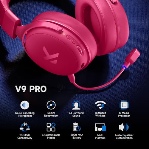 MCHOSE V9 PRO Wireless Gaming Headset 7.1 Surround Sound for PS5 PS4 PC Switch TOPSPEED Gaming Headphones, Noise Canceling Mic, 250Hr Battery, Low 15ms Latency, Lightweight, BT 5.3 FPS Games Rose&Red - color: V9PRO-RoseRed