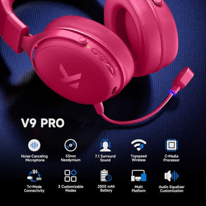 MCHOSE V9 PRO Wireless Gaming Headset 7.1 Surround Sound for PS5 PS4 PC Switch TOPSPEED Gaming Headphones, Noise Canceling Mic, 250Hr Battery, Low 15ms Latency, Lightweight, BT 5.3 FPS Games Rose&Red - color: V9PRO-RoseRed
