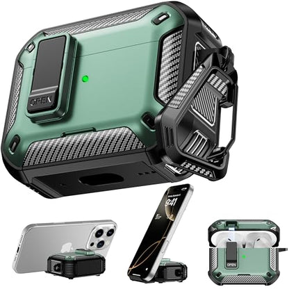 AirPods Pro 3 Case with Safety Lock Phone Stand Magsafe, Green | Compatible with Apple AirPods Pro 3rd Generation Case with Cleaner Kit & Carabiner, Magnetic Lid, Drop-proof - color: FK-Green, size: AirPods Pro 3 Case