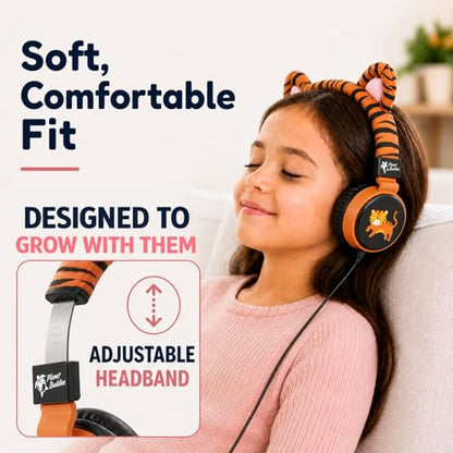 Planet Buddies Kids Tiger Wired Headphones with Cord, Safe Volume for Kids | Toddler Safe, Foldable, On-Ear Corded Animal Headphone for Girls, Boys with Mic for iPad, Tablet, Airplane, School & Travel