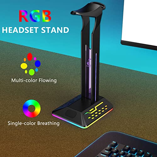 Headphone Stand with RGB Light, Dual USB 2.0 Ports Headset Stand, Stable Gaming Headset Holder with Non Slip Rubber Pad Desk Earphone Hanger for PC Gamers, 10.5x4.8x4.1in