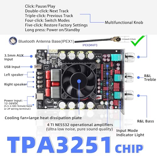 440W Audio Amplifier Board with Treble and Bass Control, TPA3251 Chips, DC 12-36V, Bluetooth 5.2 and AUX Inputs, 2.0 Channel Stereo AMP Board for DIY Wireless Speakers - color: Black2 T220HS