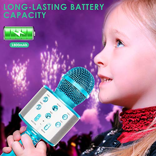 KIDWILL Wireless Bluetooth Karaoke Microphone for Kids, 5-in-1 Portable Handheld Karaoke Mic Speaker Player Recorder with Adjustable Remix FM Radio for Kids Girls Boys Teens Birthday (Blue)