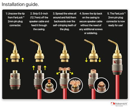 Nakamichi FanLock Excel Series 24K Gold Plated 2mm Pin Plugs, 10-18 AWG | Gauge Size 4mm for Spring Clip Terminal Speakers Amplifier Hi-Fi Audio Wire Cable Quick Connector Banana, 12 Pcs (6-Pairs) - size: 12 Pcs (6-Pairs)