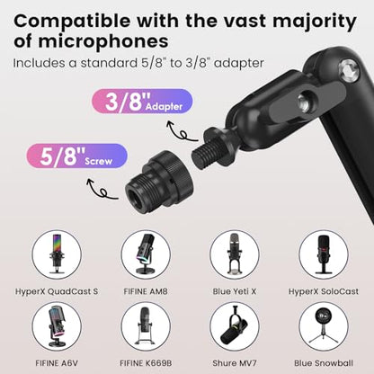 Adjustable Microphone Boom Arm for Lightweight Mics, 30-inch Rotatable Desk Stand with Cable Management & 3/8" 5/8" Threads, Space-Saving Design for Streaming, Podcasting, Gaming (Black)