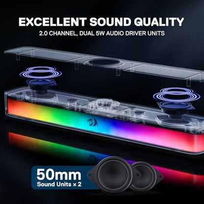 Redragon GS515 RGB Desktop Soundbar, 2.0 Stereo Enhanced Sound, BT 5.3 | 6 Dynamic Lighting Effects, Wireless & Wired Connectivity, Compact Design,Plug & Play USB Powered PC Gaming Speaker - color: Black