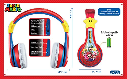 Super Mario Wireless Bluetooth Portable Kids Headphones with Microphone, Volume Reduced to Protect Hearing Rechargeable Battery, Adjustable Kids Headband for School Home or Travel - color: Super Mario