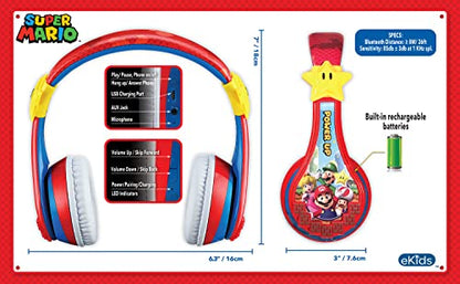 Super Mario Wireless Bluetooth Portable Kids Headphones with Microphone, Volume Reduced to Protect Hearing Rechargeable Battery, Adjustable Kids Headband for School Home or Travel - color: Super Mario