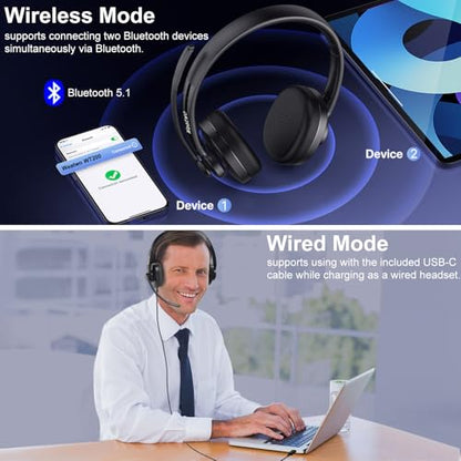 Wireless Bluetooth Headset with CVC8.0 Noise-Cancelling Mic for Work | Microphone Mute, Class 1 V5.1 Bluetooth Headphone for Ms Teams Zoom Home Office Computer Cell Phone Laptop, 30H+ Talking Time