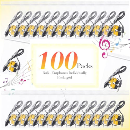 Kanayu 100 Pack Wired Earbuds Bulk for Classroom, 3.5MM No Mic,Yellow | Student Headphones for School Library Laptop, Individually Bagged Earphones with Jack for Training and Group Learning - color: Yellow