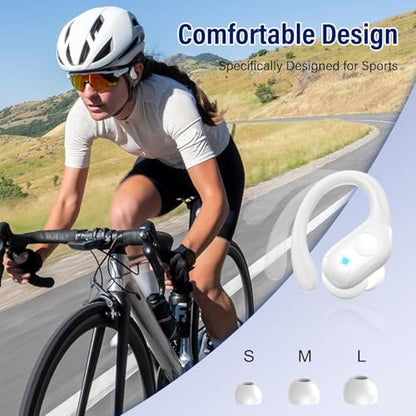 Qecnato Wireless Earbuds Bluetooth 5.4 Headphones 75H Stereo Deep Bass Sports Over Ear Buds with Earhooks, LED Display Bluetooth Earbuds with 4 ENC Mic, IP7 Waterproof Earphone for Running, White