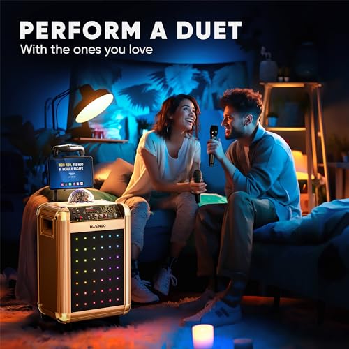 MASINGO Karaoke Machine for Adults and Kids with 2 Bluetooth Wireless Microphones. Portable Singing PA Speaker System with Disco Ball Lights, Lyrics Display Tablet Holder & TV Cable. Soprano X1 2.0
