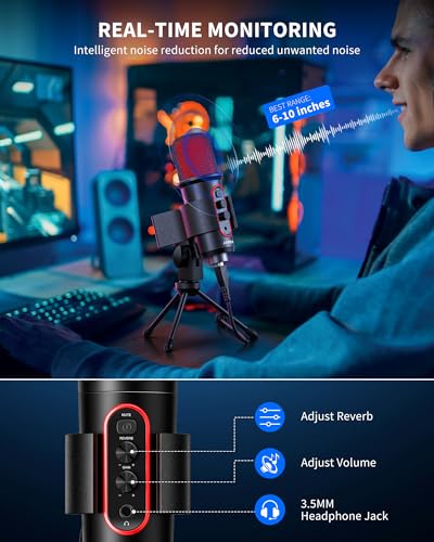 Gaming Microphone, USB Computer Condenser Mic for PC/Laptop/Phone/PS4/5, RGB, Headphone Output, Volume Control,Plug and Play, Mute Button, for Streaming, Podcast, Studio Recording - size: Round Microphone