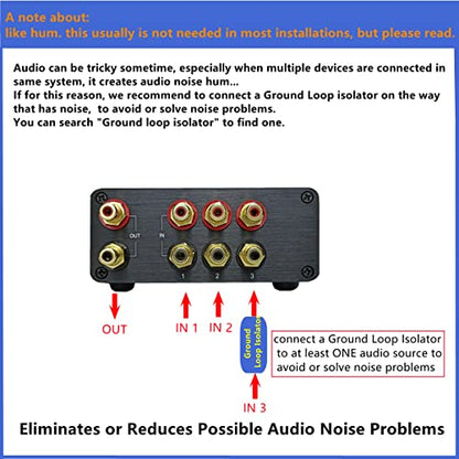 S3 3 in 1 Out RCA Audio Switch Box Passive Audio Switcher Selector | 3 way Stereo Audio Signal Source input, Bi-Direction, no need power,plug and play,Sturdy aluminum case, Solid aluminum knob - color: 3-WAY RCA Switch(3 IN 1 OUT)-Upgrade version