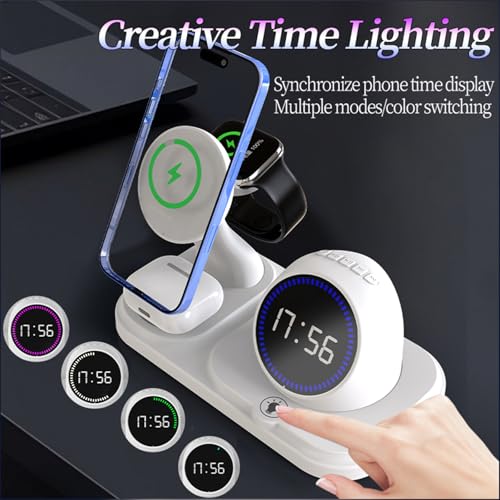 6 in 1 Wireless Charger for Apple Device，with Clock & 5 Color Ambient Light, Comes with Speakers,Nightstand Charger Station for iPhone 17/16/15/14/13/12/iWatch Series/AirPods (Black) - color: Black
