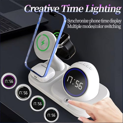 6 in 1 Wireless Charger for Apple Device，with Clock & 5 Color Ambient Light, Comes with Speakers,Nightstand Charger Station for iPhone 17/16/15/14/13/12/iWatch Series/AirPods (White) - color: White