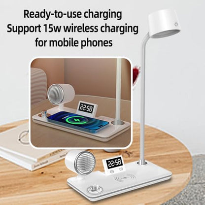 IHAO Smart LED Desk Lamp with Wireless Charger & Bluetooth Speaker, 15W Fast Charging Station for Phone & Earbuds Touch Control 3 Light Modes Alarm Clock Adjustable Eye-CareTable Lamp-HYT1772 White - color: Table Lamp 4in1 with bluetooth speaker HYT1772 W