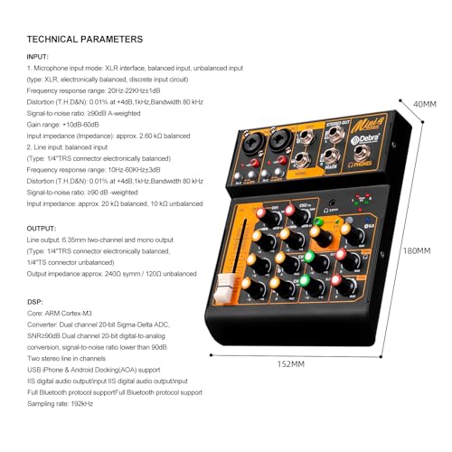 D Debra Audio Portable 4-Channel DJ Mixer, USB Bluetooth 48V Phantom Power