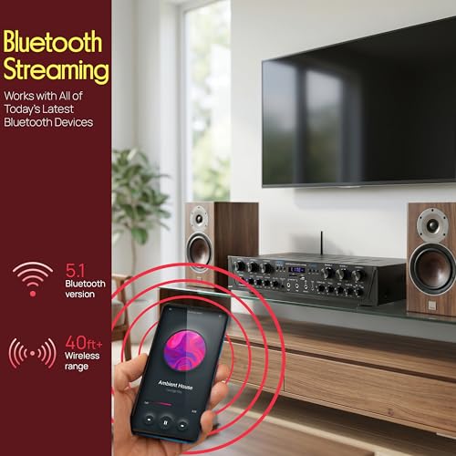 Pyle Wireless Home Audio Amplifier System - Bluetooth Compatible 6 Channel Stereo Receiver, 600W Max Power, Simple Karaoke with Dual Mic Inputs with Tone Control, PA with Talk Over - PTA66BT.6
