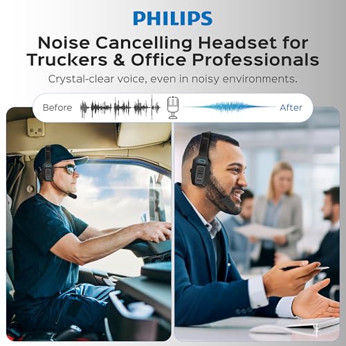 Philips Trucker Bluetooth Headset with Mic, Wireless Trucker Headset with AI Noise-Canceling Microphone & Instant Mute Button, Reliable Long Battery Life, Headphones for Drivers, Office, Call Centers