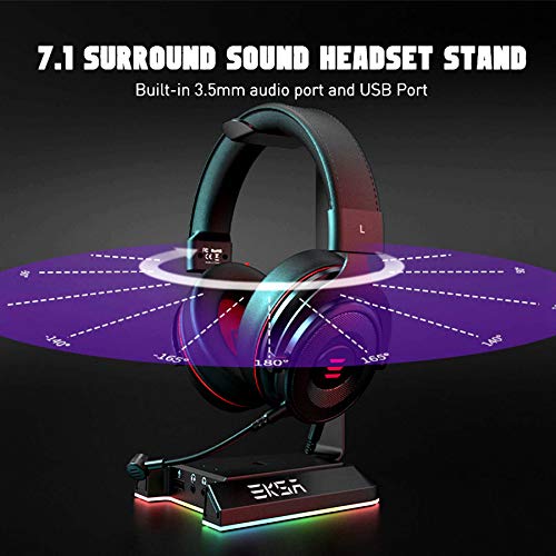 EKSA Headphone Stand, RGB Gaming Headset Stand for Desk with 7.1 Surround Sound, Headphone Holder with 3.5mm Aux and 2 USB Ports, Aluminum PC Gamer Headset Accessories for All Headphones Size