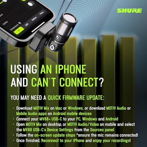 Shure MV88 USB-C Microphone for Mobile Recording - Black | Portable USB-C mic for vlogging with auto level mode, real-time denoiser and four selectable polar patterns