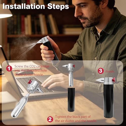CO2 Can Air Duster Spray with 5x16g 3/8-24UNF Thread CO2 Cartridges | Non-toxic,residue-free,with powerful airflow,suitable for sensitive items such as optical components and electronic devices