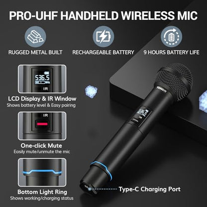 TONOR Rechargeable Wireless Microphone System, Dual Metal Handheld Cordless Mic with Box Receiver, 2x100 UHF Professional Dynamic Mic for Karaoke, Church, Singing, Wedding, DJ, 100 m/328ft, TW750 - style: Box Receiver