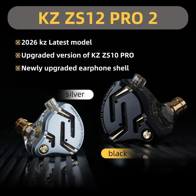 KZ ZS12 PRO 2 in Ear Monitor Headphones, 5BA+1DD 6 Hybrid Driver Gaming Earbuds Wired Earphones, HiFi Clarity Sound Immersive Bass IEMs for Gaming Musicians Singer Audiophile (Silver with Microphone) - color: Silver, style: with mic