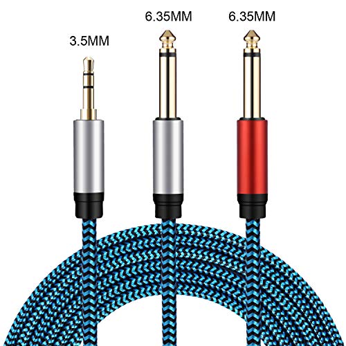 1/8 to 1/4 Stereo Cable, Nylon Braided 3.5mm to 1/4 Cable & Adapter Cord, TRS to Dual 6.35mm TS Unbalanced Breakout Wire for Laptop, Mixer, Amp - 6.6 Ft