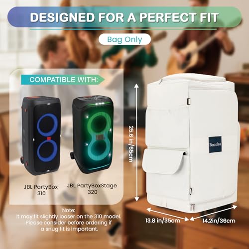 Speaker Case for JBL PartyBox 310/320, Protective Storage Bag, White | Speaker Cover with Bottomless Design, Accessory Pockets, Padded Lining, Dust & Scratch Resistant for Outdoor Travel, Bag Only