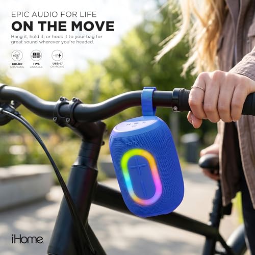 iHome Quest Wireless Portable Bluetooth Speaker with RGB Light | Water-Resistant, Built-In Carry Strap, TWS Pairing, Rechargeable Battery, USB-C Cable Included, True Stereo, Bluetooth 5.3 - color: Blue